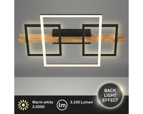 Applique LED moderne avec trois carrés et poutre en bois, lumière blanc chaud, 3000 Kelvin, 3200 Lumen, effet de rétroéclairage.