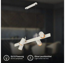 Suspension blanche avec quatre spots réglables, douilles GU10, livrée sans ampoules.