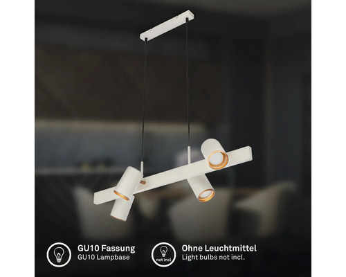 Suspension blanche avec quatre spots réglables, douilles GU10, livrée sans ampoules.