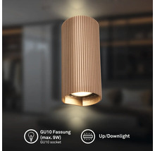 Applique murale cylindrique avec nervures verticales, douille GU10 pour maximum 9 Watts, fonction d éclairage vers le haut et le bas.