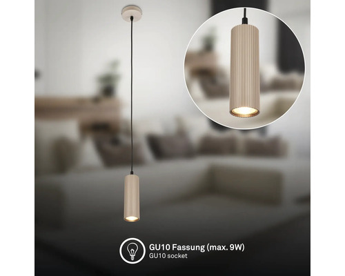 Suspension cylindrique avec surface nervurée et douille GU10 pour un maximum de 9 Watt.