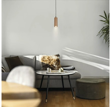 Suspension cylindrique aspect cuivre au-dessus d'une table basse dans un salon clair et moderne avec un canapé gris.