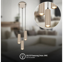 Suspension à 3 lampes avec abat-jour cylindriques rainurés et douille GU10 pour un maximum de 9 watts.