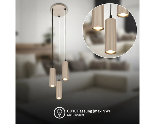 Suspension à 3 lampes avec abat-jour cylindriques rainurés et douille GU10 pour un maximum de 9 watts.