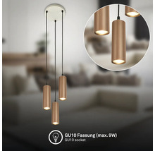 Suspension à trois lampes avec abat-jour cylindriques rainurés et douilles GU10 pour maximum 9 Watts.