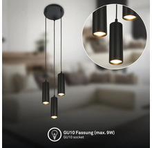 Suspension noire à trois lampes avec abat-jour cylindriques nervurés et douille GU10 pour un maximum de 9 Watt dans un salon lumineux.