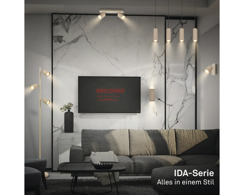 Salon moderne avec canapé gris, mur en marbre et divers luminaires de la série IDA de Briloner comme un lampadaire, des plafonniers et des suspensions.