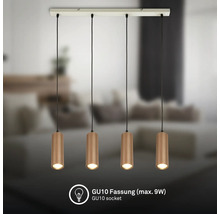 Suspension à quatre lampes avec abat-jour cylindriques à rainures verticales et douilles GU10 pour ampoules de maximum 9 Watts.