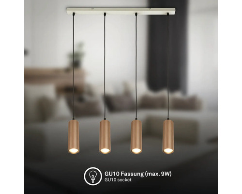 Suspension à quatre lampes avec abat-jour cylindriques à rainures verticales et douilles GU10 pour ampoules de maximum 9 Watts.