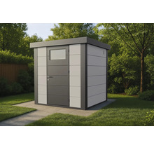 Abri de jardin moderne en métal avec toit plat et porte vitrée, installé sur des dalles dans un jardin.