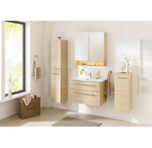 Ensemble de meubles de salle de bains moderne en aspect bois clair avec meuble sous-lavabo, armoire de toilette et deux armoires suspendues.