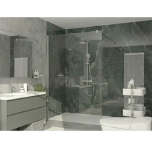 Salle de bains moderne avec douche à l'italienne, paroi en verre, panneaux muraux aspect marbre, meuble sous-vasque et radiateur sèche-serviettes.