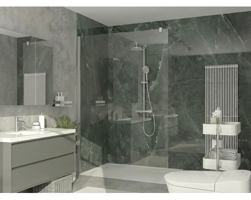Salle de bains moderne avec douche à l'italienne, paroi en verre, panneaux muraux aspect marbre, meuble sous-vasque et radiateur sèche-serviettes.