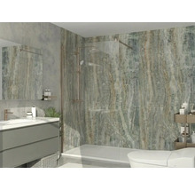 Salle de bains moderne avec carrelage mural aspect marbre, douche à l'italienne avec paroi en verre, meuble sous-vasque gris et WC blanc.