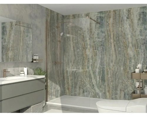 Salle de bains moderne avec carrelage mural aspect marbre, douche à l'italienne avec paroi en verre, meuble sous-vasque gris et WC blanc.