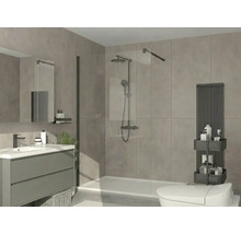 Salle de bains moderne avec douche à l'italienne, paroi en verre, système de douche noir, meuble sous-vasque gris et radiateur sèche-serviettes noir.