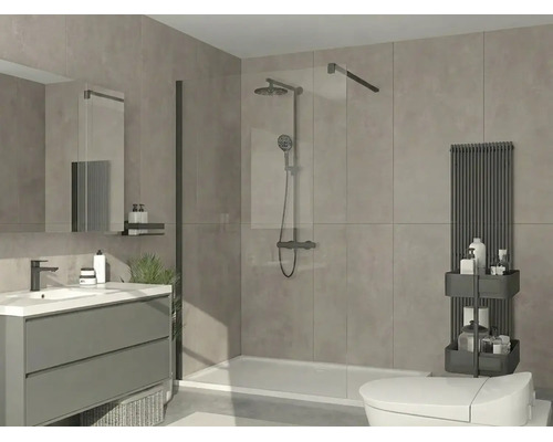 Salle de bains moderne avec douche à l'italienne, paroi en verre, système de douche noir, meuble sous-vasque gris et radiateur sèche-serviettes noir.