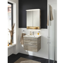 Salle de bains moderne avec meuble sous-lavabo aspect bois, lavabo en céramique, armoire de toilette avec éclairage et cabine de douche en verre.
