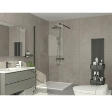 Salle de bain moderne avec douche à l'italienne, robinetterie noire, meuble sous-vasque gris et radiateur vertical sur grands carreaux gris.