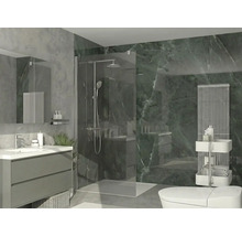 Modernes Badezimmer mit begehbarer Glasdusche, Waschtisch mit Waschbecken und vertikalem Heizkörper.
