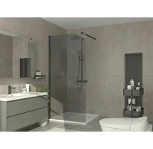 Modernes Badezimmer mit Walk-In-Dusche aus Rauchglas, schwarzem Duschsystem, grauem Waschtischunterschrank und passendem Heizkörper.