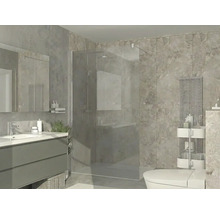 Modernes Badezimmer mit begehbarer Glasdusche, grauem Waschtisch mit weißem Becken, Wandfliesen in Steinoptik und vertikalem Heizkörper.