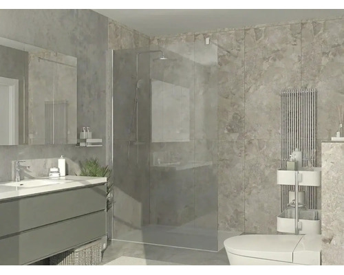 Modernes Badezimmer mit begehbarer Glasdusche, grauem Waschtisch mit weißem Becken, Wandfliesen in Steinoptik und vertikalem Heizkörper.