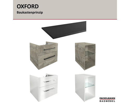 Fackelmann Badmöbel OXFORD Baukastenprinzip mit Waschtischunterschränken, Wandregalen und Abdeckplatte.