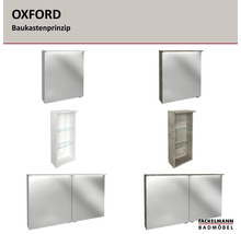 OXFORD Baukastenprinzip von Fackelmann Badmöbel: ein- und zweitürige Spiegelschränke sowie offene Regale in Weiß und Holzoptik. Fackelmann Logo.