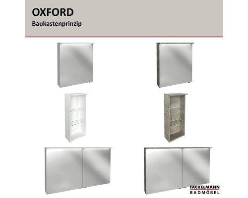 OXFORD Baukastenprinzip von Fackelmann Badmöbel: ein- und zweitürige Spiegelschränke sowie offene Regale in Weiß und Holzoptik. Fackelmann Logo.