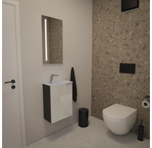 Modernes Badezimmer mit Waschbeckenunterschrank, Spiegel mit Beleuchtung, Wand-Toilette und schwarzen Accessoires.