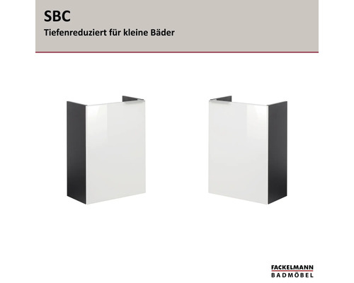 Fackelmann Badmöbel Logo, SBC wandhängender Badschrank mit geringer Tiefe für kleine Bäder in Weiß und Dunkelgrau.