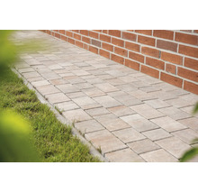 Chemin de jardin pavé de pierres rectangulaires entre un mur en briques et une pelouse.