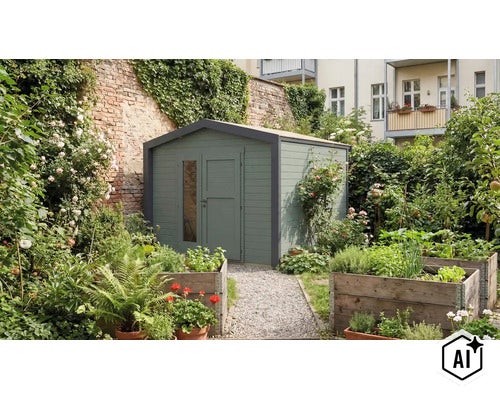 Abri de jardin en bois avec toit en appentis et porte vitrée, situé dans un jardin naturel avec des potagers surélevés et de la végétation. (Image AI modified or generated)