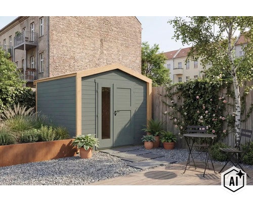 Abri de jardin moderne en bois avec double porte et élément en verre dans un jardin avec terrasse et plantes. (Image AI modified or generated)