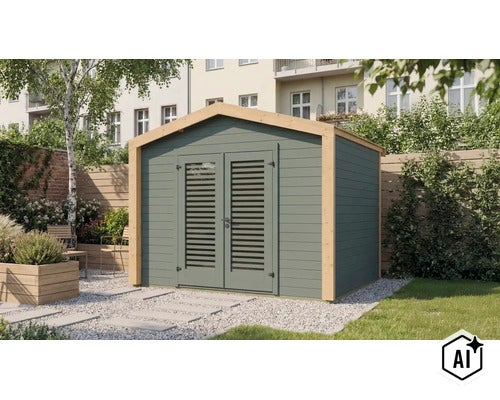 Abri de jardin moderne en bois avec double porte à persiennes et toit à deux versants, installé dans un jardin soigné avec une zone en gravier. (Image AI modified or generated)