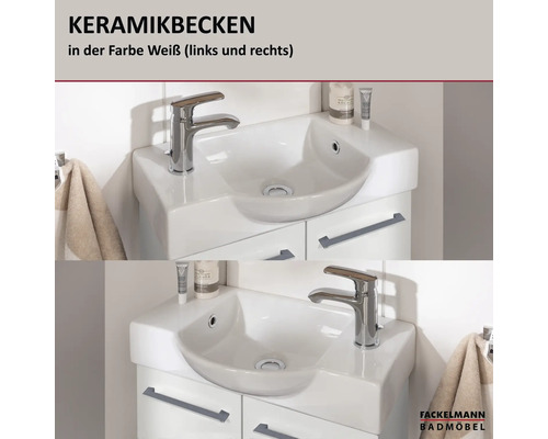 Wäisst Keramikbecken vu Fackelmann Badmöbel, mat der Armatur wahlweis lénks oder riets op engem Ënnerschaf montéiert.