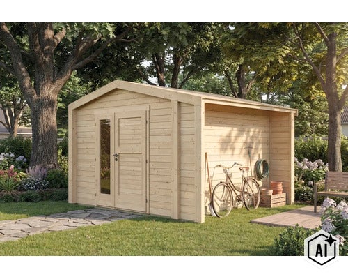 Abri de jardin en bois avec auvent intégré et double porte vitrée dans le jardin (Image AI modified or generated)