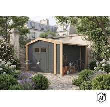 Abri de jardin avec auvent intégré en bois avec éléments muraux gris et poteaux naturels dans un jardin soigné. (Image AI modified or generated)