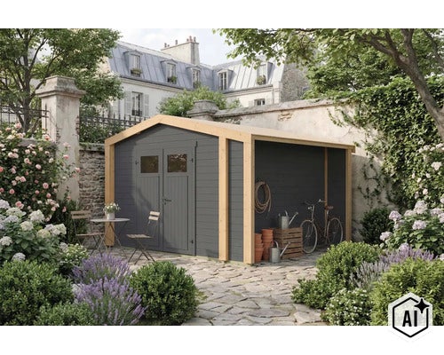 Abri de jardin avec auvent intégré en bois avec éléments muraux gris et poteaux naturels dans un jardin soigné. (Image AI modified or generated)
