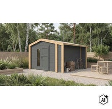 Abri de jardin moderne en bois avec toit à deux pans et appentis intégré dans un jardin bien entretenu avec terrasse. (Image AI modified or generated)