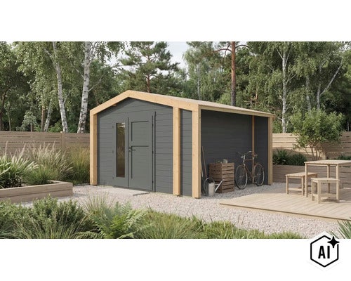 Abri de jardin moderne en bois avec toit à deux pans et appentis intégré dans un jardin bien entretenu avec terrasse. (Image AI modified or generated)