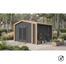 Abri de jardin moderne en bois avec double porte et auvent intégré dans un jardin avec allée en gravier et plantes. (Image AI modified or generated)