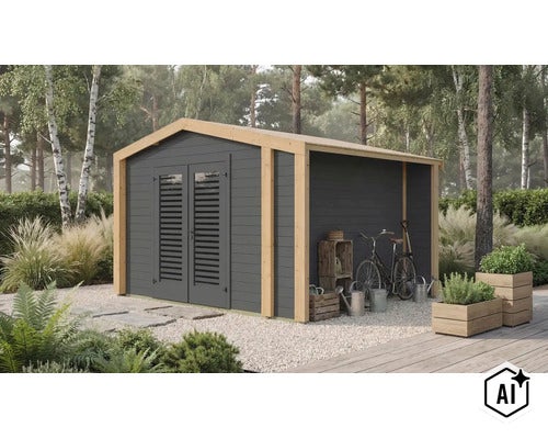 Abri de jardin moderne en bois avec double porte et auvent intégré dans un jardin avec allée en gravier et plantes. (Image AI modified or generated)
