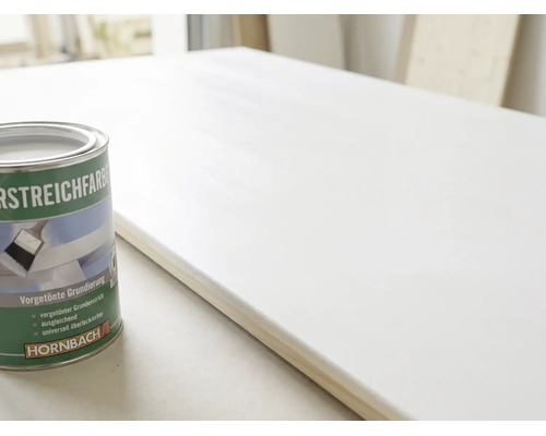 Eng Dous Hornbach Vorstreichfarbe nieft enger Holzplack, déi mat enger wäisser Grondéierung ugestrach gouf.