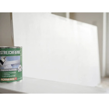 Grüne Dose Hornbach Vorgetönte Grundierung vor einer gestrichenen Fläche.