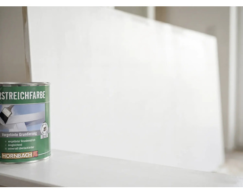Grüne Dose Hornbach Vorgetönte Grundierung vor einer gestrichenen Fläche.