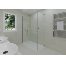 Salle de bain moderne avec cabine de douche en verre, receveur de douche blanc, double vasque et radiateur sèche-serviettes.
