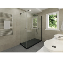 Salle de bains moderne avec une cabine de douche en verre et un receveur de douche sombre, un sèche-serviettes et un double lavabo.