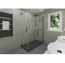 Salle de bains moderne avec douche vitrée, receveur noir, murs carrelés gris, radiateur sèche-serviettes noir et lavabos blancs.